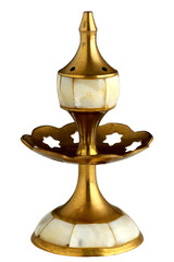 Vintage brass holder for incense sticks burning encrusted with mother of pearl