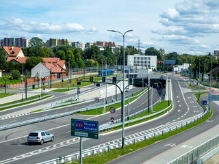 New city highway in Krakow, Poland, called Trasa Łagiewnicka with tunnels, tramway and multilevel...
