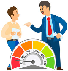Strict boss shouting to on employee. Conflict in office between cheif and worker. Stressed subordinate. Director scolds scared worker because of mistake problems at work scandal, stress scale