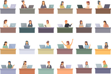 Woman with laptop icons set cartoon vector. Work people. Digital office