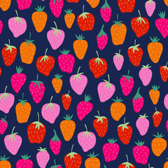 Cute seamless vector pattern with strawberries on dark background. Hand-drawn repeat background with strawberry. For the design of textiles, fabric, wallpaper, wrapping paper.