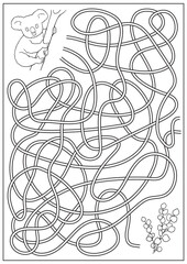 Maze game and coloring book for kids. Labyrinth with cute cartoon koala and branch of eucalyptus. Children education activity page and worksheet. Cartoon outline vector illustration. © Betswork