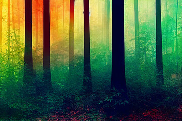 Forest, trees mushrooms, smooth color gradients, background