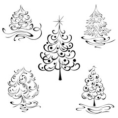 stylized Christmas tree with swirls. graphic decor, SET