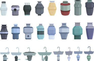 Food Waste Disposer icons set cartoon vector. Garbage sink. Waster food