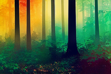 Forest, trees mushrooms, smooth color gradients, background