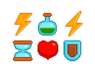 8-bit pixel icons for retro computer game design. Pixel flash, Potion bottle, Heart, Shield, Hourglass, isolated on white. Vintage arcade game assets