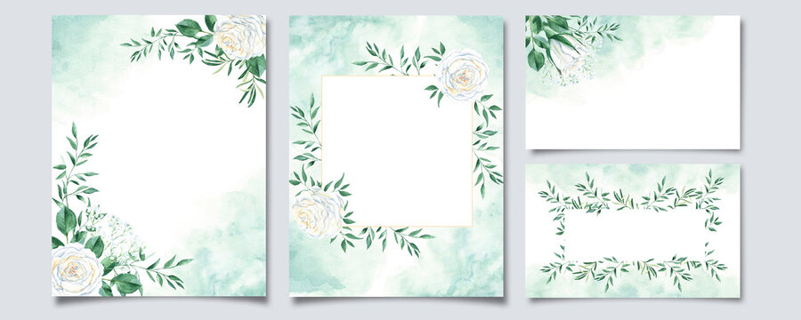 Wedding templates, floral background cards. Rustic wedding stationary with white creamy roses, pistachio foliage, green watercolor splashes and golden square frame. For invitation, save the date