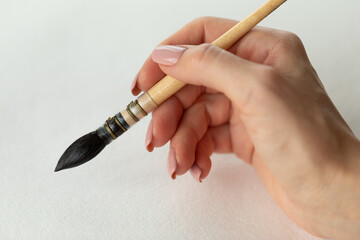 A woman paints with a brush. A woman's hand holds a brush. Watercolor painting. Learning to draw...