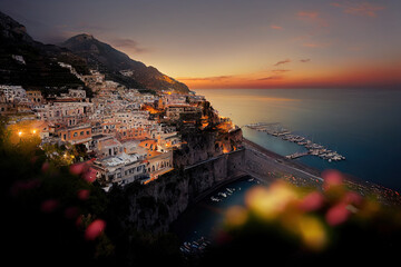 AI generated image of Amalfi Coast in Italy, on a fine evening - obrazy, fototapety, plakaty