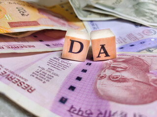 Concept of DA or Dearness allowance with wooden bids or blocks on indian rupees notes.