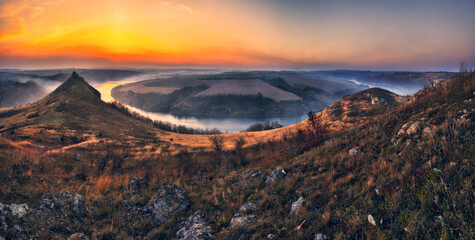 Beautiful autumn landscape at sunrise. picturesque river canyon. nature of Ukraine