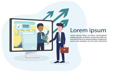 Online business idea. Two business partners shaking hands on a laptop computer screen. Online agreement, digital agreement Collaboration via the Internet. Vector illustration Eps10.