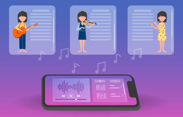 Mobile phone playing music with details of instruments, flute, violin and guitar on metaverse screen. Vector illustration of the future. Eps 10.
