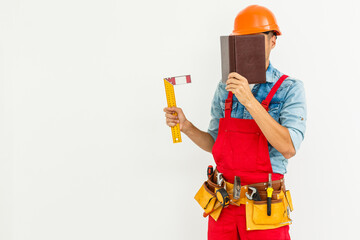 worker with notebook over white background