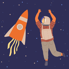 Child astronaut in cardboard or plastic rocket outfit dreams about space. Creative boy in self made costume imagines flying in sky. Kid playing space explorer. Guy in costume near huge rocket