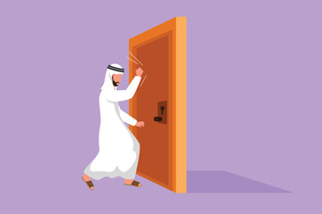 Graphic flat design drawing Arab businessman knocking at door. Worker standing at entrance of meeting room knocking door. Man in traditional clothes knocking at door. Cartoon style vector illustration