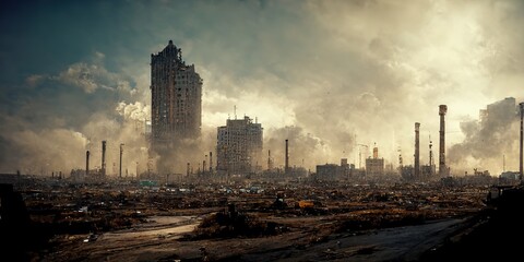 An illustration of a post apocalyptic desolate city in ruins.