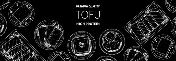 Tofu top view frame. Hand drawn vector illustration. Tofu sketch. Asian food. Soybean sketch. Tofu cooking. Vegan food. Vintage design template. Product design. Great for packaging, recipe book, menu.