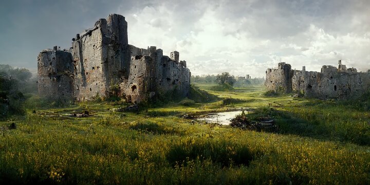 An illustration of a medeival castle in ruins.