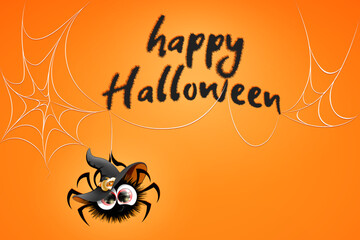Cute cartoon funny little spider in witch hat  with text Happy Halloween and hanging on his spiderweb.