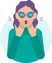 woman very surprised or impressed to see or know something, with words wow written on the glasses