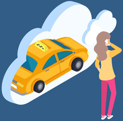 Girl orders car by smartphone. Mobile taxi service element. Lady talking on phone next to car in cloud icon. Woman ordering passenger transport. Design of taxi application vector illustration