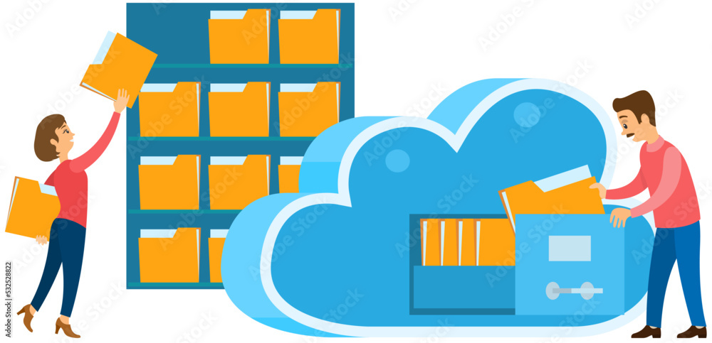 Poster cloud storage technology concept. people stacking folders with information to online storage cell is
