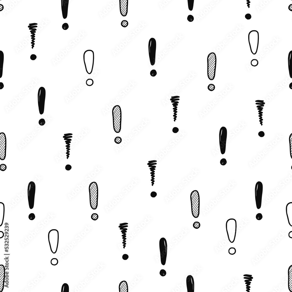 Poster hand drawn exclamation mark seamless pattern. scribble doodle exclamation point sign background. han