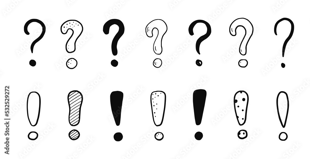 Aufkleber Doodle exclamation point and question sign mark set. Hand drawn sketch style exclamation point sign, question mark. Scribble doodle warning sign. Isolated vector illustration.