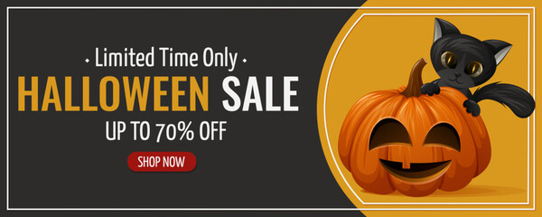 Halloween sale flyer. Cute black cat behind a pumpkin with a funny face. Vector illustration. For banner, advertising, store.
