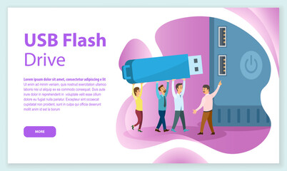 USB flash drive memory device landing page template. Data storage appliance connected to computer. Modern mobile apparatus for storing digital information. Storage equipment using flash memory