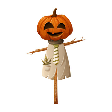 Halloween scarecrow dressed in rags and a tie with a pumpkin instead of a head. Cartoon vector illustration for holiday
