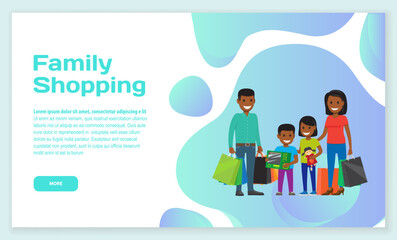 Family people go with bags, supermarket trolley for shopping landing page template. Cartoon smiling funny father mother son child characters hurry to buy, spend time doing household chores together