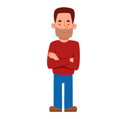 A young man in full height stands with his hands tucked in. Vector illustration in a flat style on an isolated white background.