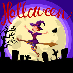 Cemetery background with a big moon. The witch is flying on a broom. The concept of the Halloween holiday. A cartoon-style vector banner template.