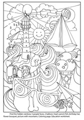 Find  hidden objects. Marine picture. Lighthouse, shore, sea, ship. Coloring page. Education worksheet. Hand drawn vector illustration
