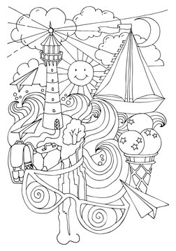 Coloring page with lighthouse, shore, sea, ship. Coloring worksheet for kids. Hand drawn vector illustration