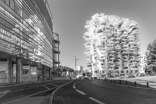 Bâtiment résidentiel l'Arbre Blanc de l'architecte Sou Fujimoto à Montpellier, France, sur les rives du Lez.	