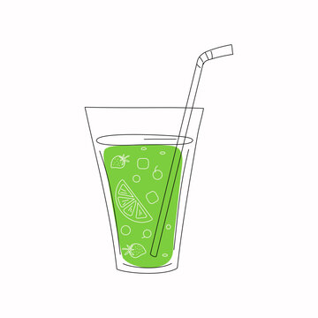 Glass with fruit drink in doodle style. Fruit juice with lemons, berries, lime, citrus. Vector illustration.
