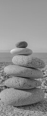 Zen stones on the beach. Meditation, spa, harmony, calmness, peace concept. Black and white image