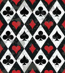 Seamless vector pattern. Playing card shirts. Suits of playing cards. Background for Alice in Wonderland