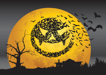 Spooky house, tree and pumpkin bats in halloween night