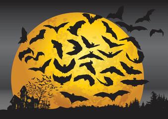 Spooky house and bats in halloween night