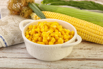 Canned yellow corn in the bowl