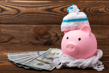Savings concept. Piggy bank and money on brown texture background. A piggy bank in a warm winter...