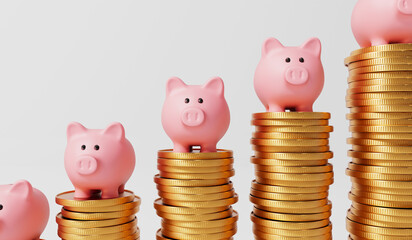 Pink piggy bank money box with a stack of gold coins. 3D Rendering