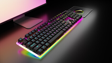 Gaming mechanical keyboard light led with mouse and monitor on black table. 3D illustration rendering image.