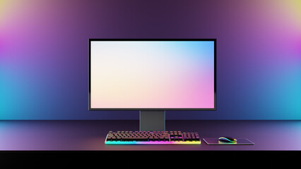 Gamer computer desktop with RGB lights on the background, Modern PC computer white screen mockup,...