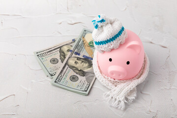 Savings concept. Piggy bank and money on gray texture background. A piggy bank in a warm winter hat that keeps you warm. Heat saving concept. Place for text. copy space
